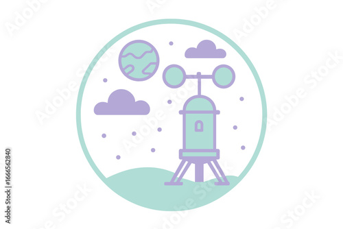 Weather station technology on an alien planet with clouds and moon