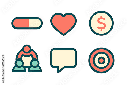 Icons showing health, finance, and communication in vector art