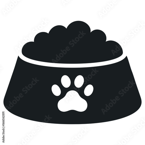 Pet food bowl filled with kibble and paw print symbol isolated on white background
