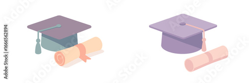 Graduation caps and diplomas in a minimalistic vector style