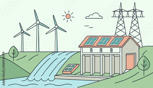 Illustration of renewable energy sources including wind turbines, solar panels, and a power plant