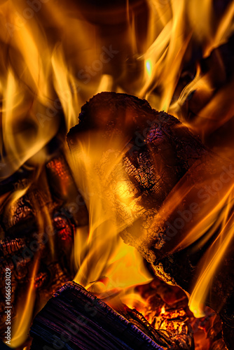 This close-up shot captures the vibrant, fiery intensity of burning wood. The image highlights the dynamic texture and warm, glowing colors of the flames.