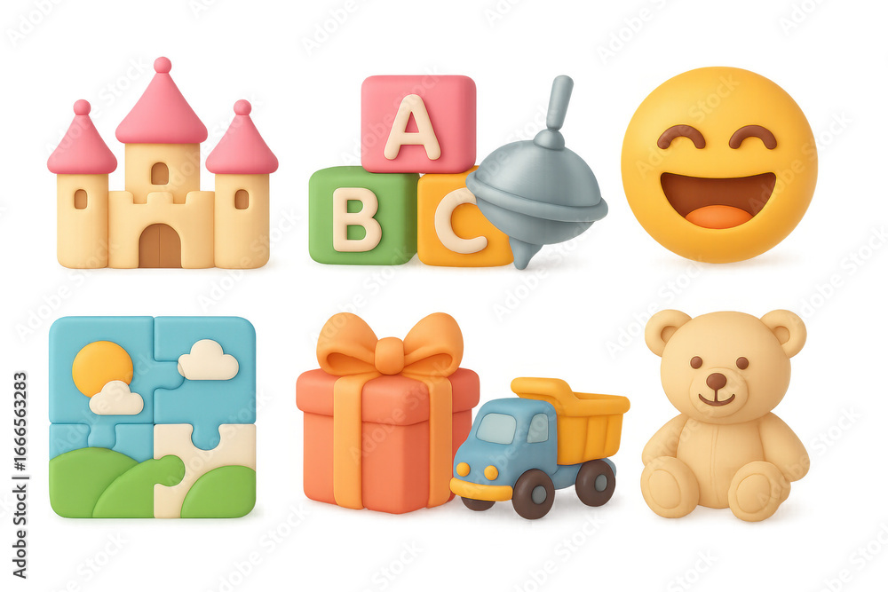 Naklejka premium Playful toy icons set featuring castle, alphabet blocks, and teddy bear