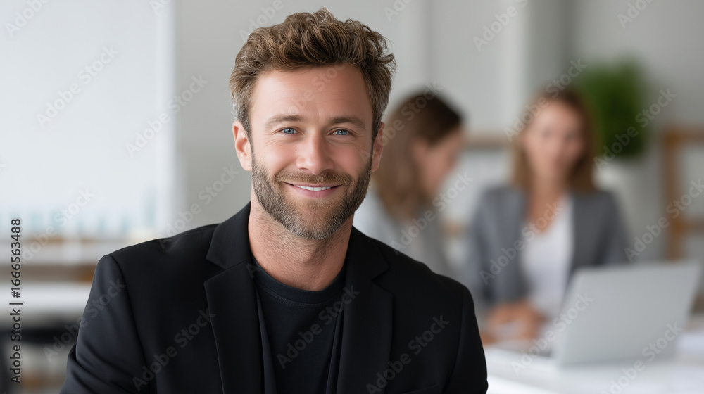 Naklejka premium prompt; A happy businessman smiling while reviewing sales with his team, business success, team meeting, sales performance, corporate collaboration, office positivity