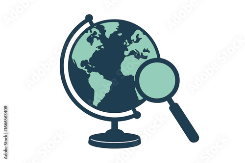Globe and magnifying glass spotlighting geography