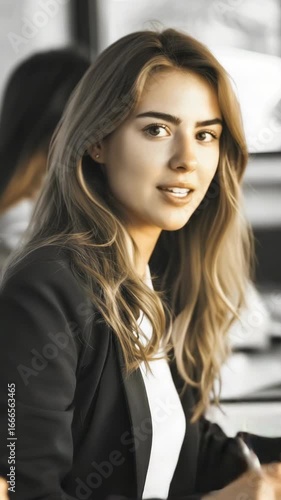 Wallpaper Mural A woman with long hair is sitting at a table with a pen. She is smiling. There are two other women in the background Torontodigital.ca