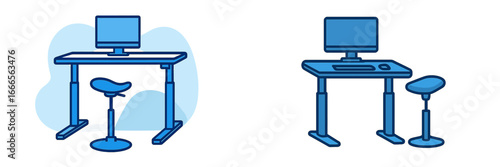 Modern office workspace with adjustable standing desk and stool