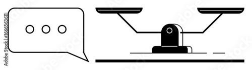 Speech bubble with three dots beside balanced scales representing fairness, equality, and dialogue. Ideal for communication, negotiation, justice, equality, decision-making, mediation business