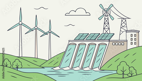 Illustration of renewable energy sources including wind turbines, solar panels, and a power plant