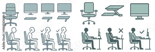 Ergonomic workspace with adjustable furniture and posture tips