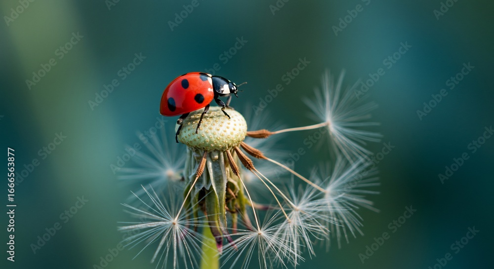 Obraz premium Ladybug on Dandelion Seed Head, Close-up Macro Photography