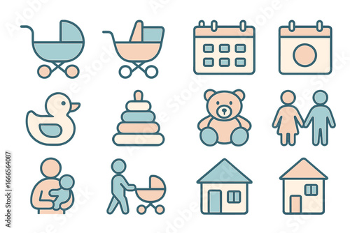 Vector art of childhood icons: family and playtime themes