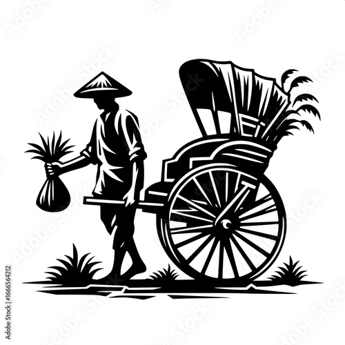 Farmer Pulling Rickshaw with Crops