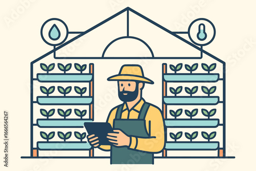 Modern farmer managing plants in a greenhouse with technology tools
