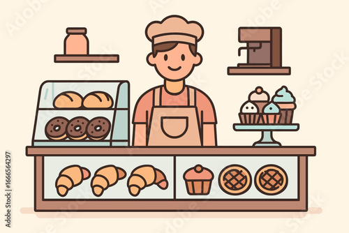 Cozy bakery with a cheerful baker serving delicious treats