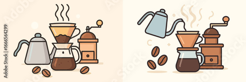 Coffee brewing methods with equipment and coffee beans displayed