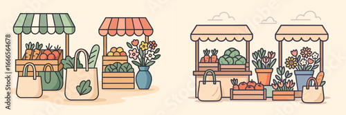 Colorful vegetable and flower market stalls in a sunny setting