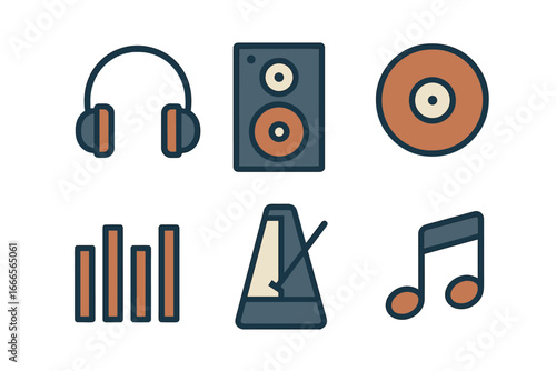 Vector illustration of music gear: headphones, speakers, records