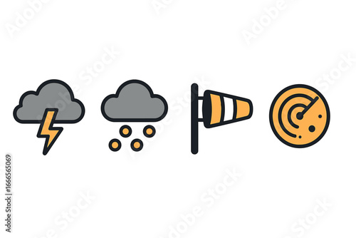 Weather icons representing storms, rain, construction, and radar