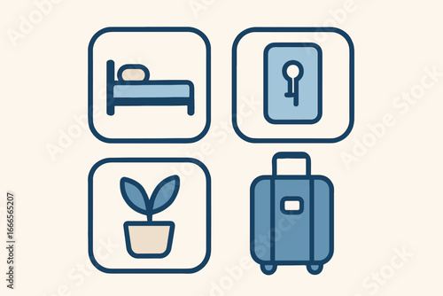 Travel essentials featuring bed, safe, plant, and suitcase