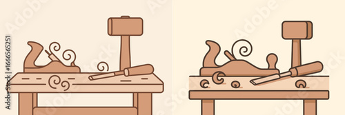 Vector illustration of woodworking tools on a workbench