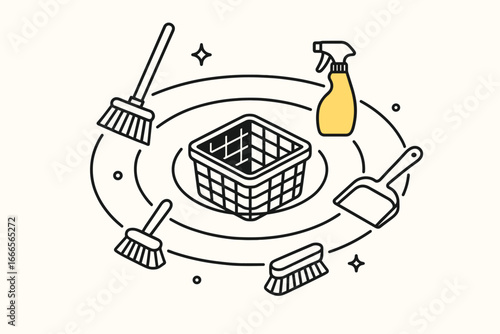Household cleaning tools arranged around a basket
