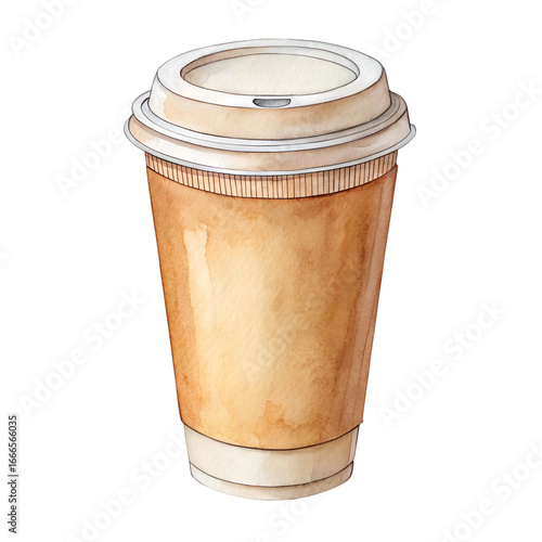 Watercolor painting of a disposable coffee cup with transparent background