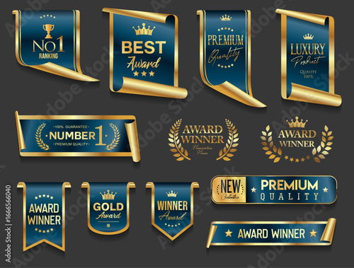 VIP, premium and gold award emblem badges and ribbon blue and gold isolated on gray background