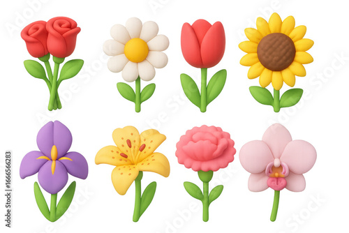 Cute 3d cartoon flowers set with roses, daisies, tulips, sunflowers, and more