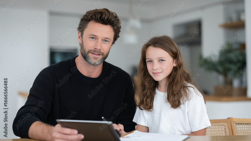 Obraz premium A father helping his little girl with homework on a digital tablet, family bonding, homework support, digital learning, parent-child, education assistance