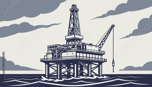 Illustration of an offshore oil rig platform with a derrick in the ocean under a cloudy sky drawing