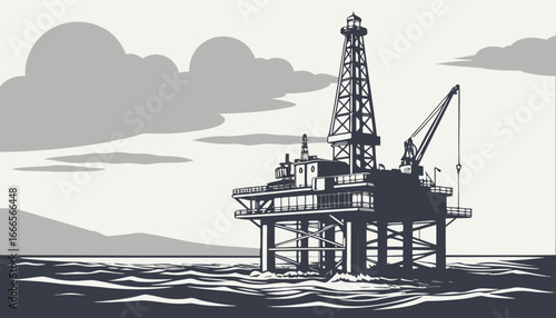 Illustration of an offshore oil rig platform with a derrick in the ocean under a cloudy sky drawing