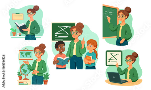 Vector set of education scenes: female teacher with students, chalkboard, geometry, globe, books and laptop. Modern classroom and e‑learning concepts for school materials and back‑to‑school designs.