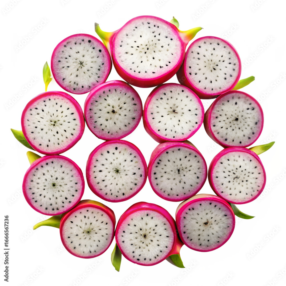 Fototapeta premium Dragon fruit slices arranged isolated on transparent background