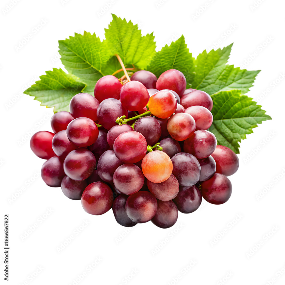 Fototapeta premium Bunch of red grapes with green leaves isolated on transparent background