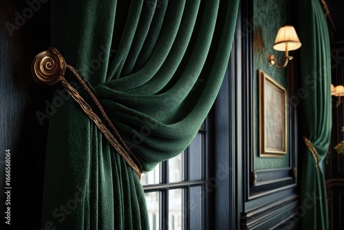 Luxury green velvet curtains are held back with golden decorative cord. Use this image to display elegant interior design or rich textures.