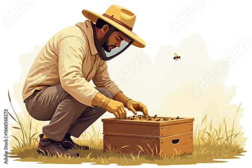 Diligent beekeeper tending to beehive, inspecting bees in protective suit, outdoor grassy setting.