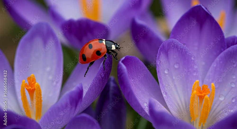 Fototapeta premium Ladybug on Dew-Kissed Purple Crocus Blossoms