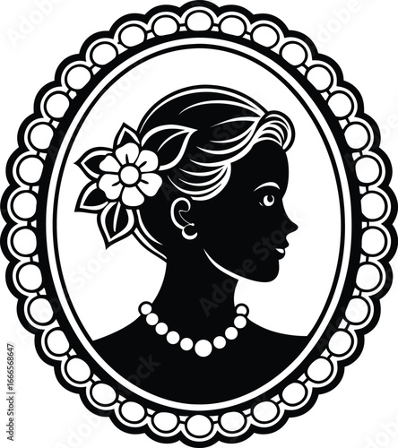 Cameo silhouette vector on white background. cameo frame with floral accents. beautiful woman's head in a round frame on white background. 