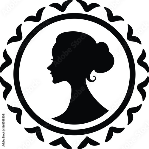 Cameo silhouette vector on white background. cameo frame with floral accents. beautiful woman's head in a round frame on white background. 