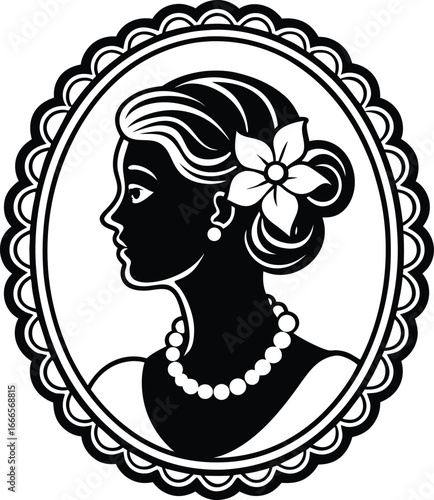 Cameo silhouette vector on white background. cameo frame with floral accents. beautiful woman's head in a round frame on white background. 
