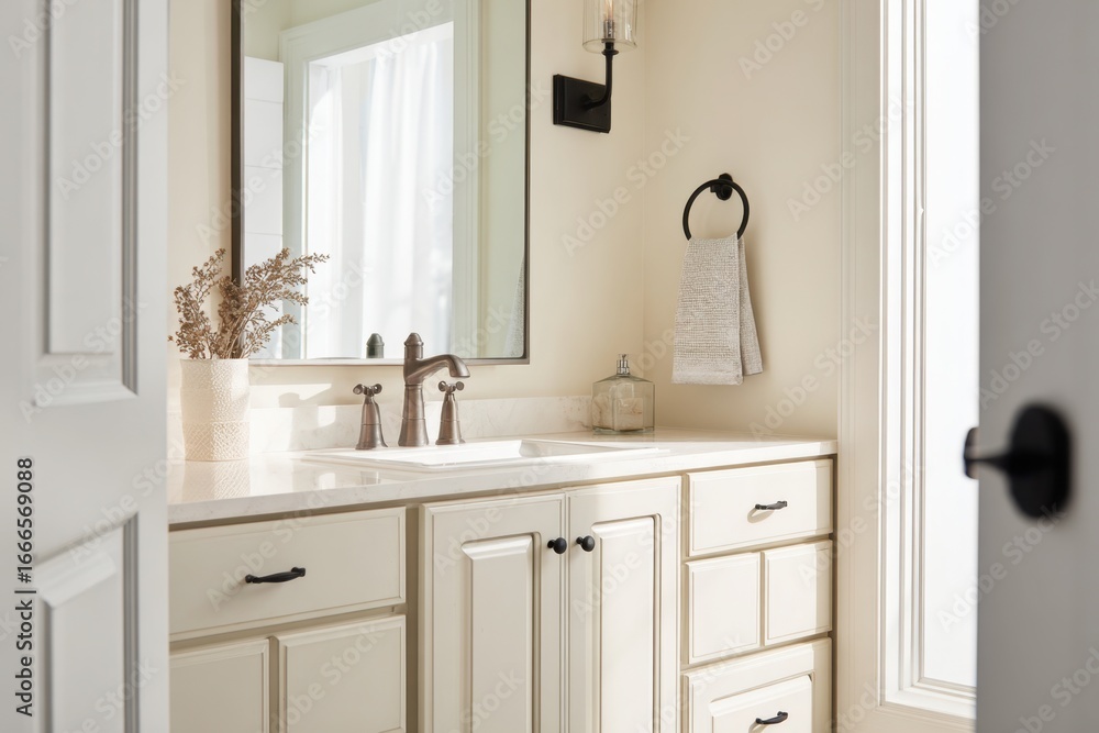 Grey bathroom vanity with white walls, mirror and marble countertop, black hardware. Clean aesthetic background. Home interior room design. Gray cabinet in a bathroom