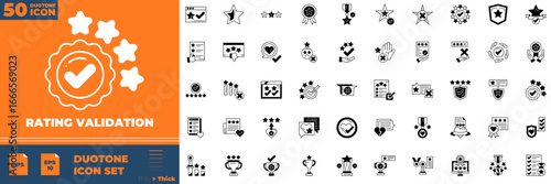 Collection of Rating Validation Duotone icons. Containing validation, rank, review and more