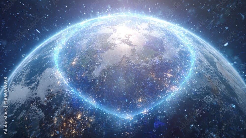 Obraz premium Digital shield, protecting planet from viruses, 3D illustration.