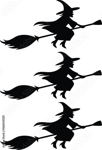 Three black silhouette images of witches wearing hats and riding broomsticks on a white background image