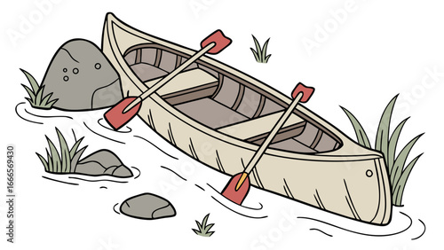 Illustration of a canoe with two paddles in the water near rocks and grass on a white background
