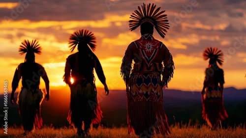 Native american dancers walking at sunset