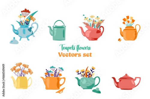 Ensemble de théières pour le thé et le café. Vaisselle en porcelaine rempli de fleurs au style abstrait. Cérémonie du thé, autocollants vectoriels, collection
