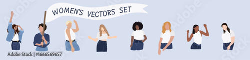 Women vectors set, buste et portrait de femmes ethnies style et corpulence différentes en jeans dans des positions diverses, illustration vectorielle