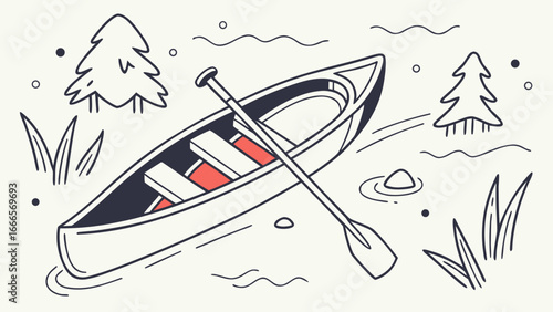A stylized illustration of a canoe with paddle on water surrounded by trees and grass scenery